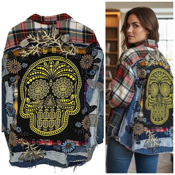 Flannel Shirt Womens 2XL Sugar Skull Shacket Upcycled Grunge Maximalist Rock - Picture 1 of 16